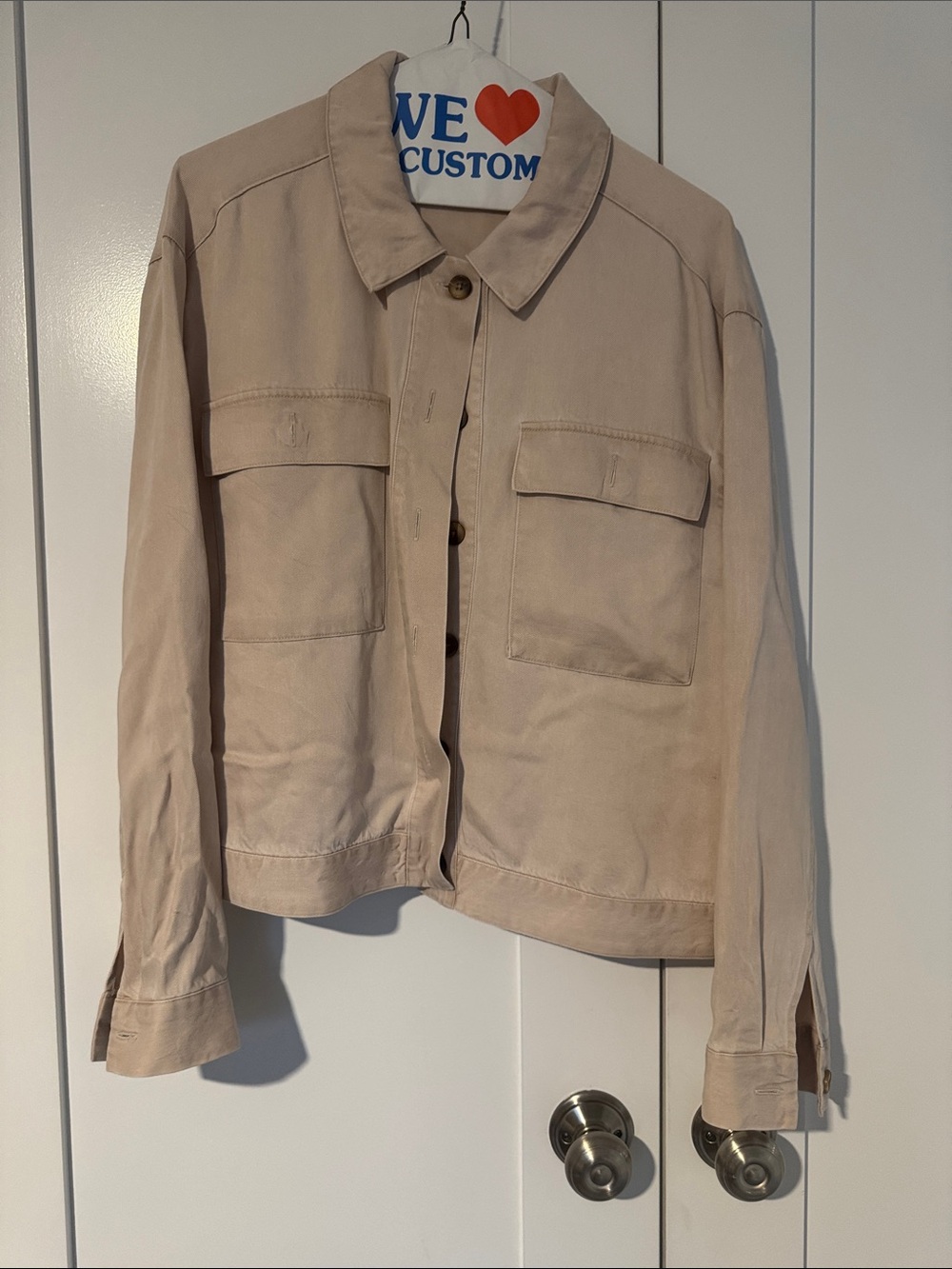 Jane and Delancey Taupe Button-Front Utility Jacket. Soft and great btw seasons